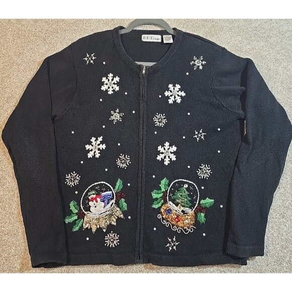 B.P. Design Christmas Cardigan Sweater Snow Globe Beaded Embroidered Snowman M - Picture 1 of 12